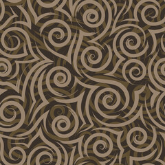 Seamless vector texture of flowing beige brush strokes of spirals and curls on brown background sea or ocean pattern stylized waves or ripples on water.