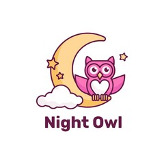 Vector Logo Illustration Night Owl Simple Mascot Style.
