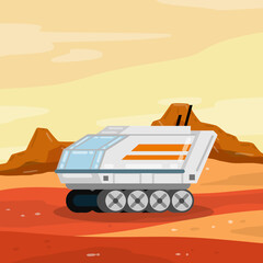 Fototapeta na wymiar Rover. Space vehicle. Colonization of Mars and scientific research. White Spaceship on wheels. Martian landscape. Fantastic machine for exploring red planet and space.