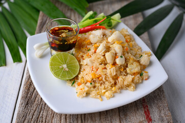 Crab Fried Rice On A White Plate