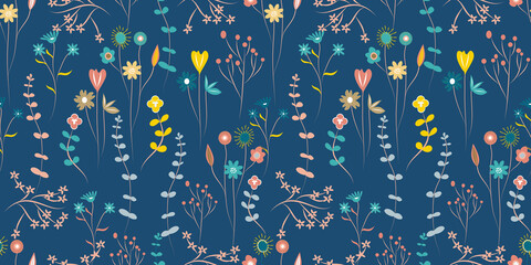 Blooming midsummer meadow seamless pattern. Plant background for fashion, wallpapers, print. Pressed flowers. Ditsy style.  © Maratussolehah