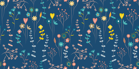 Blooming midsummer meadow seamless pattern. Plant background for fashion, wallpapers, print. Pressed flowers. Ditsy style. 