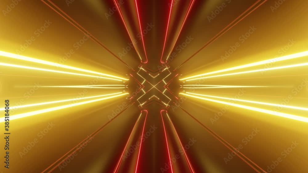 Poster sci-fi tunnel transformer with neon lights. 4k looped abstract high-tech tunnel. camera flies throug