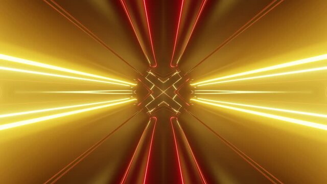 Sci-fi tunnel transformer with neon lights. 4k looped abstract high-tech tunnel. Camera flies through tunnel. Background in the style of cyberpunk or high-tech future. Red orange