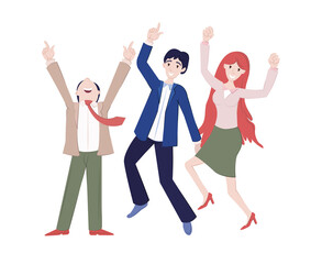 Naklejka premium Team celebrates success. Successful working colleagues with prize. Business teamwork group employee of happy people, jumping, celebrating victory together. Achievement reward, winning characters
