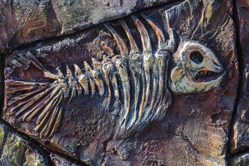 Artificial copy of ancient Fossil fish on stone wall of children's paleantological museum. Skeleton...