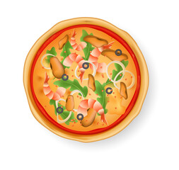 Realistic pizza on white background. Traditional italian food pizza with shrimps and seafood. Restaurant and homemade food vector