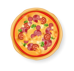 Realistic pizza on white background. Traditional italian food pizza with shrimps and seafood. Restaurant and homemade food vector