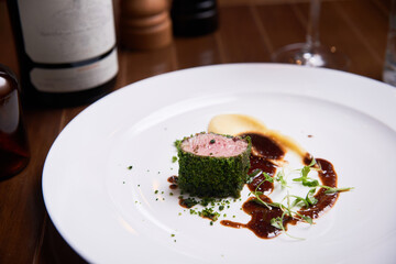 Pork sirloin dish in high cuisine restaurant