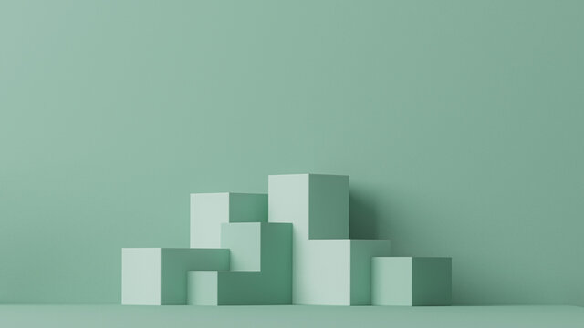 Minimal scene with podium and abstract background. Pastel blue and green colors scene. Trendy 3d render for social media banners, promotion, cosmetic product show. Geometric shapes interior.
