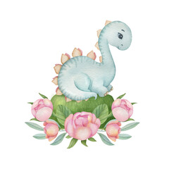 Cute little dinosaur with flower composition on the light background. Watercolor isolated cartoon kids illustration. Ideal for invitation, poster, home decor, packaging design, print.