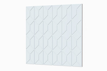 3D illustration. White furniture door sample isolated on white background. Rhombus ornament pattern on white painted door. Scandinavian style. Geometric.