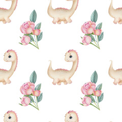 Watercolor seamless pattern with cute dinosaur and bouquet composition on the light background. Funny kids illustration. Ideal for children's textile, wrapping, and other designs.