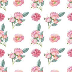 Watercolor floral seamless pattern on the light background. Hand-painted illustration with elegant flowers, leaves and buds..