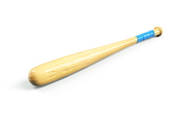 3d rendering of a single wooden baseball bat with polish finishing isolated on a white background. Wooden sports equipment. Baseball bat. New pitcher equipment.