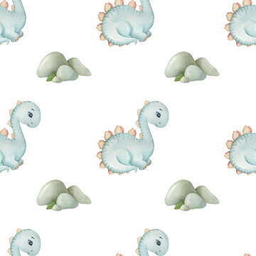 Watercolor seamless pattern with cute dinosaur and rock on the light background. Funny kids illustration. Ideal for children's textile, wrapping, and other designs.
