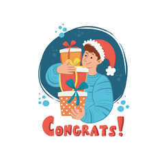 Cartoon vector illustration on the theme of gift giving, celebration, greetings, new year, merry christmas. Young man holding many gifts in santa claus hat. Flat art background