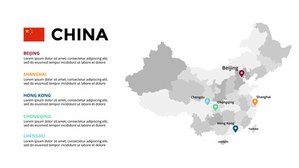 China vector map infographic template. Slide presentation. Beijing, Shanghai, Hong Kong, Chongqing, Chengdu. Asia country. World transportation geography data. 