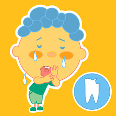 boy cries and holds her hand to her cheek because she has a toothache, color vector simple emoticon on a yellow isolated background
