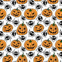 Seamless pattern with pumpkins, Jack lanterns, cute spiders, cobwebs. Vector backgrounds and textures for Halloween. Hand drawn illustration in flat doodle style, isolated
