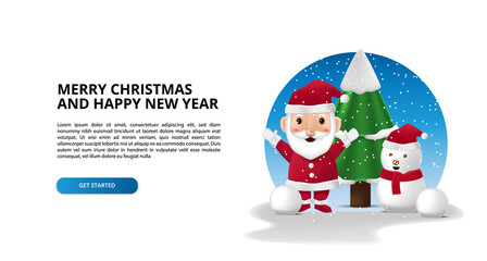merry christmas and happy new year with cute 3d santa claus and fir tree and snowman