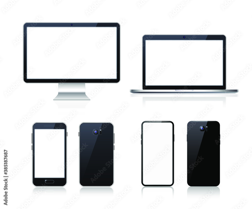 Poster set of technological devices with blank screen on white background . isolated vector elements