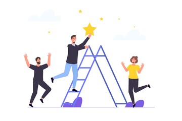 Fototapeta premium Businessman standing on stairs and reaches the star. Vector illustration.