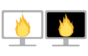 パソコンと画面にうつる炎の炎上イメージの素材セット