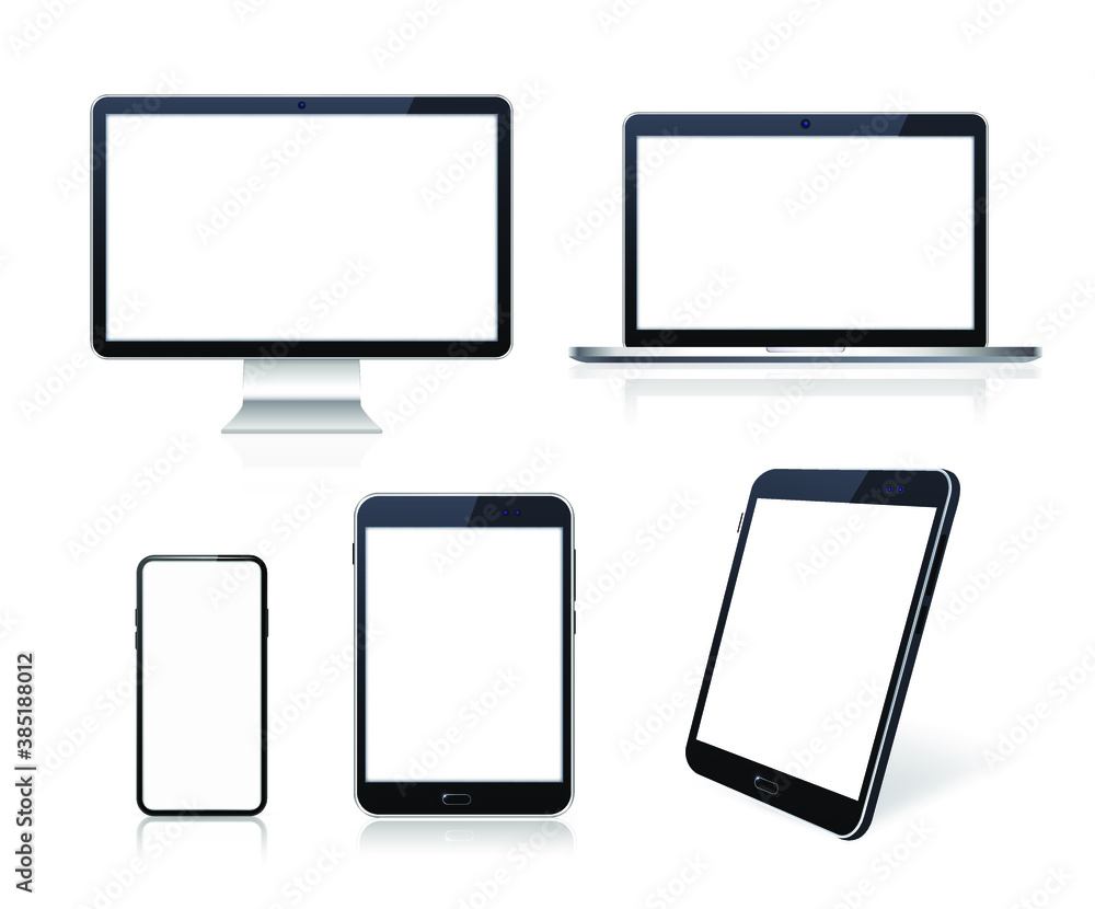 Poster set of technological devices with blank screen on white background . isolated vector elements