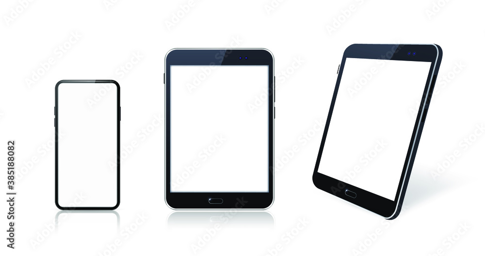 Poster set of technological devices with blank screen on white background . isolated vector elements