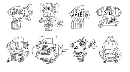 Set of  8 vector linear airships in steampunk style with the inscription sale. Collection of fantastic flying cars in Doodle style. Isolated on a white background. Banner for sale. © Nadine.de.trevile