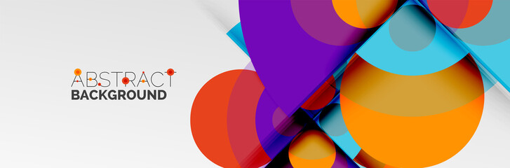 Bright color circles, abstract round shapes and triangles composition with shadow effects. Vector modern geometric design template