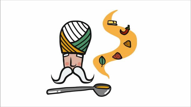 Indian kitchen logo, man with soup spoon with many spices smell cartoon