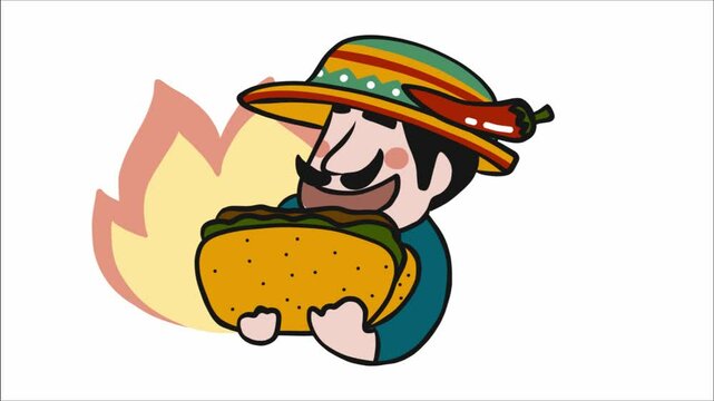 Mexican kitchen logo, man with taco cartoon