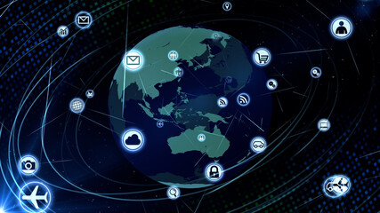 Technology Icon Network World Internet Digital devices on space Earth 3D illustration