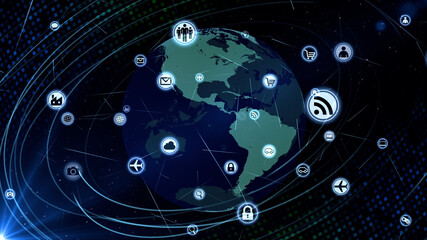 Technology Icon Network World Internet Digital devices on space Earth 3D illustration