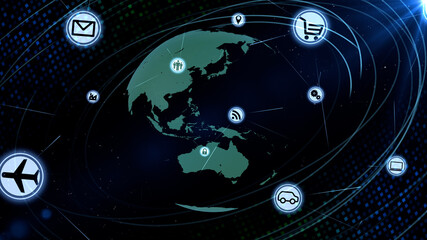 Technology Icon Network World Internet Digital devices on space Earth 3D illustration