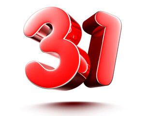 Red numbers 31 isolated on white background illustration 3D rendering.(with Clipping Path).