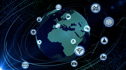 Technology Icon Network World Internet Digital devices on space Earth 3D illustration