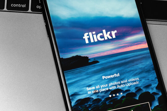 Flickr logo app on the screen smartphone closeup. Flickr - photo hosting. Moscow, Russia - August 15, 2020