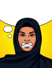 Color vector in pop art comic style with sealed mouth. Beautiful woman in traditional Islamic shawl on her head. Muslim woman cannot speak