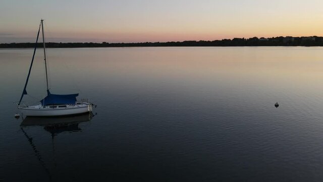 Aerial View Of Boats In Lake Bde Maka Ska, Minneapolis Right After Sunset