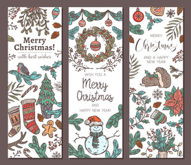 Collection of festive Merry Christmas and Happy New Year vertical banners. Greeting sketch hand drawn illustration for wed. Doodle holiday posters or cards