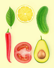Square frame made of vegetables and fruit on a light yellow background.