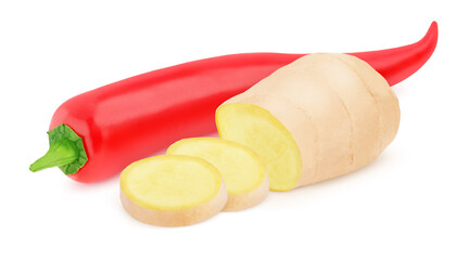 Vegetable composition: red hot chili pepper and ginger. On white background.