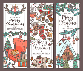 Collection of Merry Christmas and Happy New Year vertical colorful banners. Greeting sketch hand drawn illustration for wed. Doodle festive posters or cards