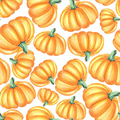 Watercolor pumpkins, Seamless pattern, autumn clipart, Hand-drawn illustrations pumpkins