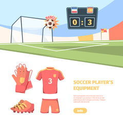 Soccer match banner. International football championships in stadiums with players wearing their teams shirts gambling competitions tournament trophies and groups fans. Cartoon poster.