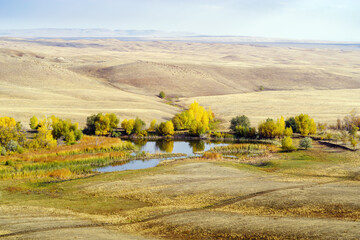 Fototapeta premium Autumn landscape with a pond on the steppe river. The picture was taken in Russia, in the Orenburg region