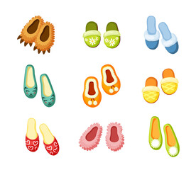 Indoor slippers set. Comfortable green with drawing chamomile convenient pink fluffy creative in form bear paws warm brown pompoms textile hotel shoes with red hearts. Soft cartoon vector.